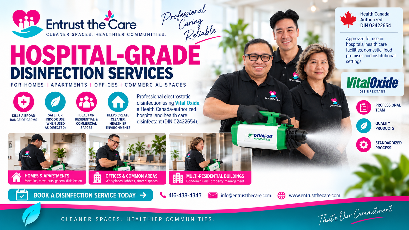 Entrust the Care disinfection services — professional team with Vital Oxide hospital-grade disinfectant equipment